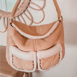 Vintage Y2K Gap Shearling Sherpa Fur Shoulder Cute Winter Purse Suede Fuzzy Bag